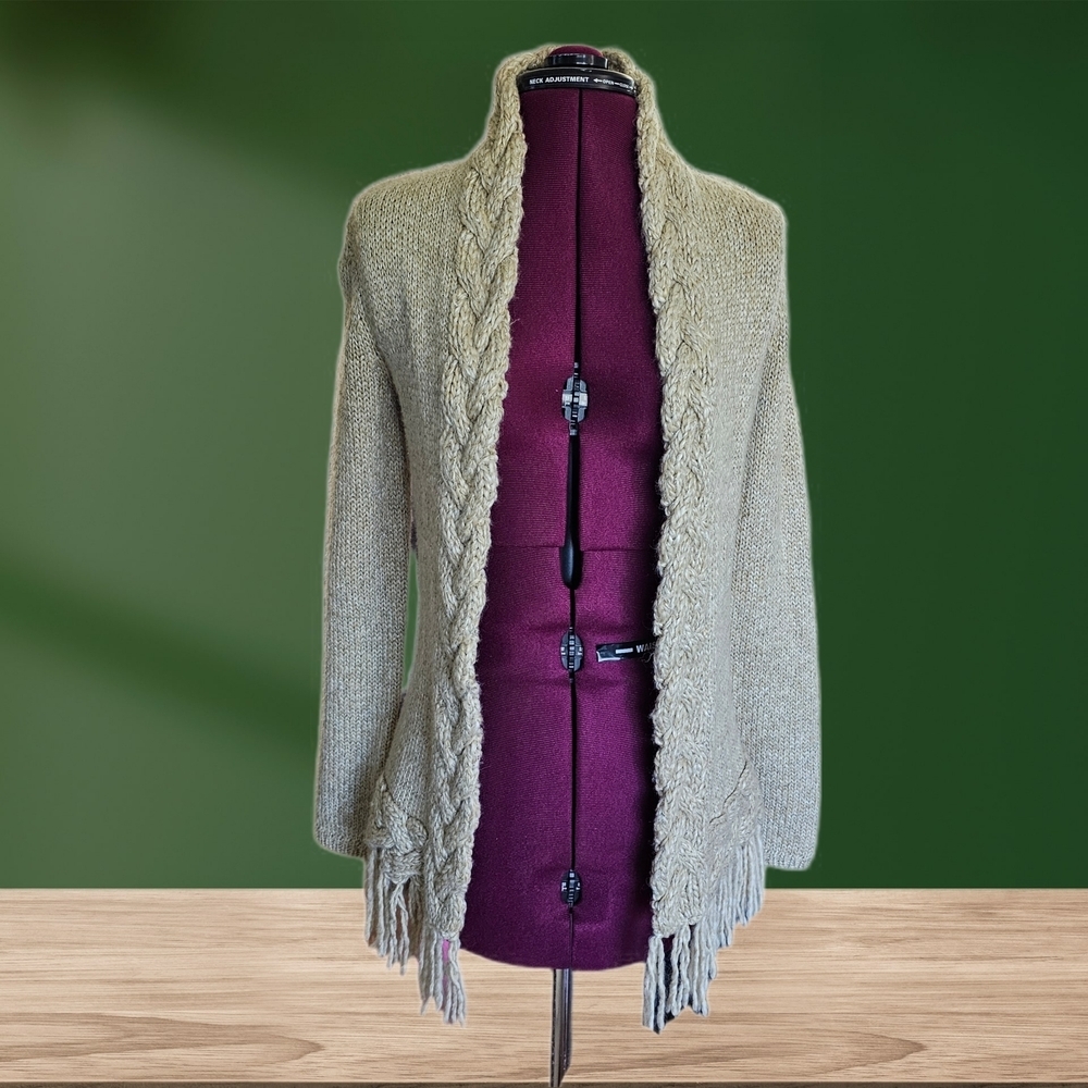 INC Chunky Cable Knit Fringe Wool Cotton Blend Cardigan Beige